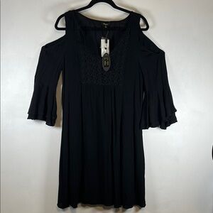 Cupid Black Cold Shoulder Dress Bell Sleeves Sz S